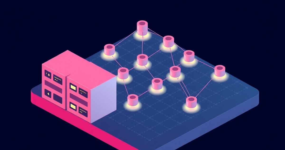 Flat isometric illustration of a pink server cabinet beside a blue grid platform holding glowing pink cylinder nodes wired into a branching tree.
